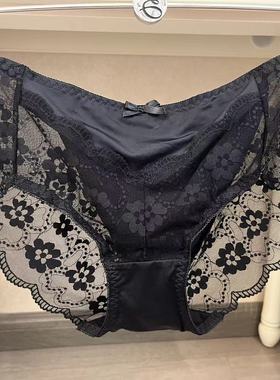 韩国EBLIN黑色时尚蝴蝶结性感蕾丝拼接透气修身舒适女士平角内裤