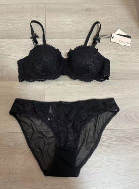 韩国EBLIN黑色经典性感超美时尚一字结精美蕾丝性感女士内衣套装