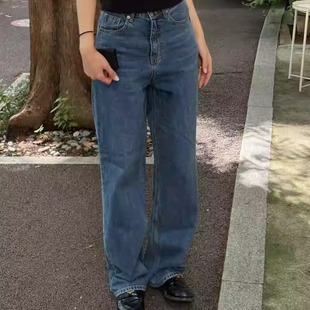 现韩国东大门PAi正品松紧高腰显瘦窄版直筒裤百搭长款牛仔裤1195
