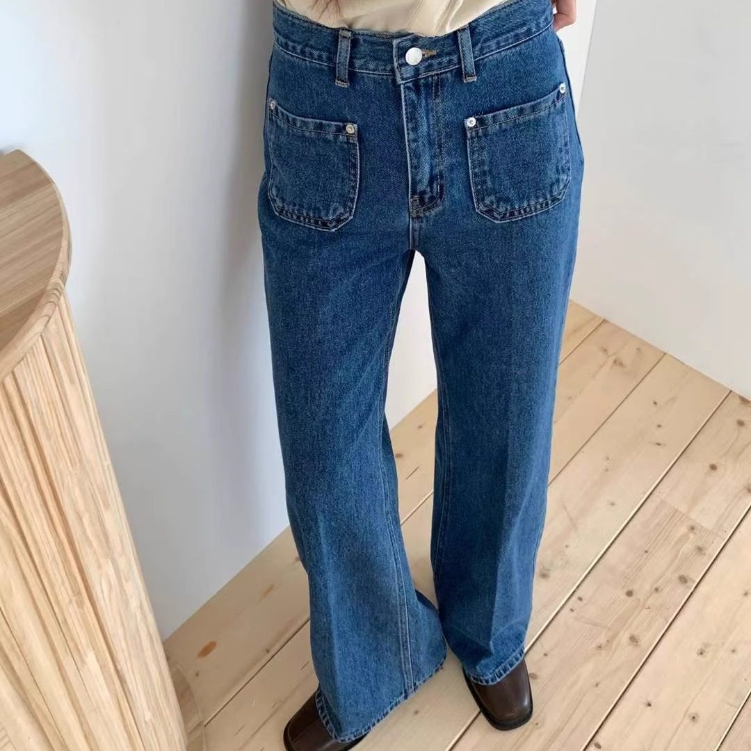 韩国东大门COREBLUE正品高腰口袋显瘦窄版直筒裤女长款牛仔裤5112