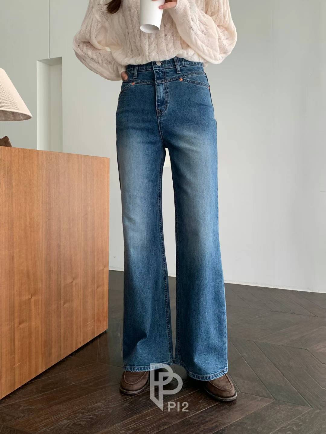 现货韩国东大门PI2松紧高腰弹力显瘦直筒裤休闲百搭长款牛仔裤631