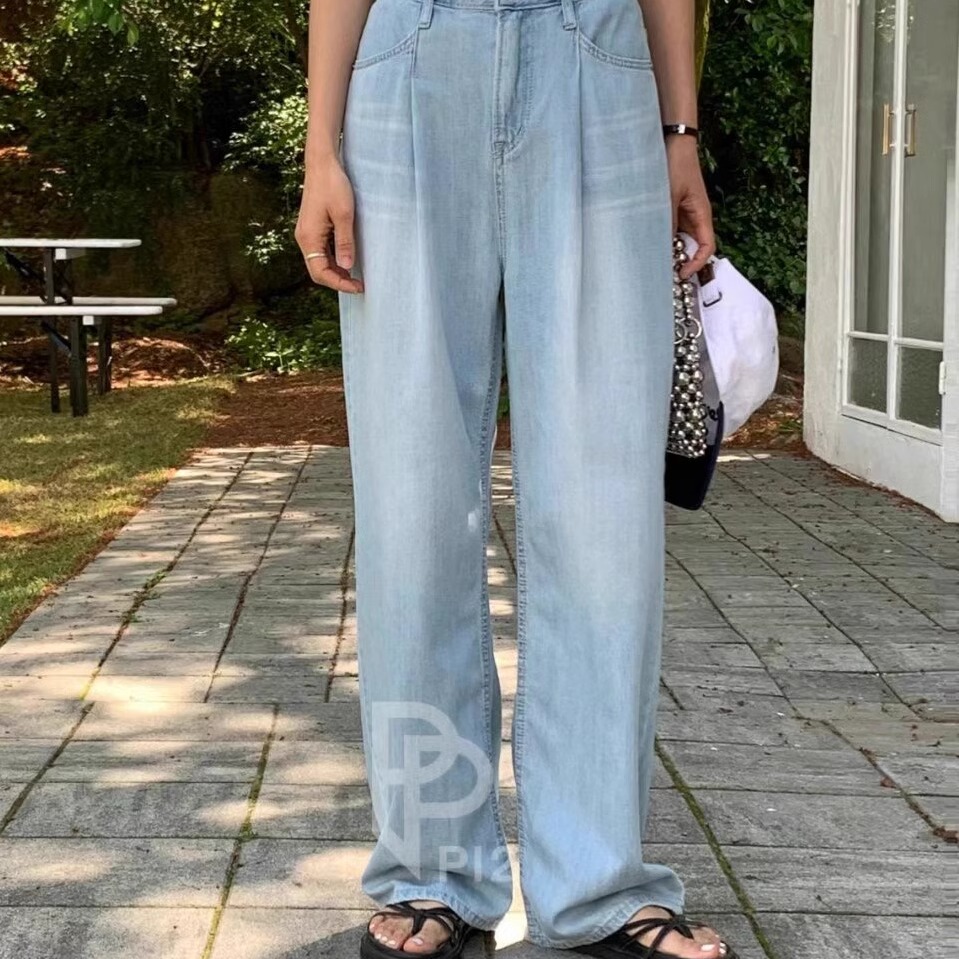 韩国货正品2025夏PI2浅蓝高腰宽松显瘦阔腿裤长款直筒牛仔裤女619