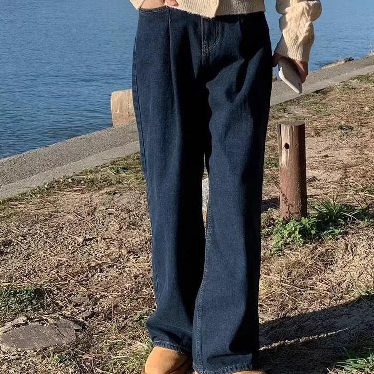 韩国正品25冬加绒PI2松紧腰宽松显瘦阔腿裤加厚长款直筒牛仔裤891