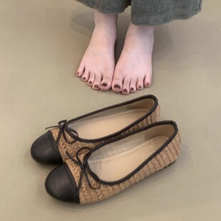 40码小香风拼色平底鞋女鞋子2025春秋新款拼接蝴蝶结软皮软底单鞋