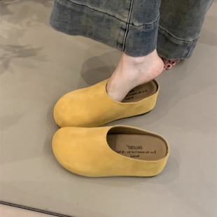 女鞋 小个子内增高7CM 森女复古磨砂真皮懒人一脚蹬包头勃肯拖鞋