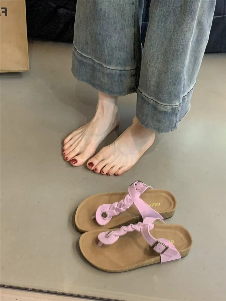 森女磨砂真皮编织夹趾人字拖凉拖图片