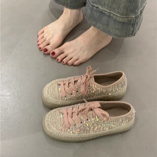 温柔仙女亮片渔夫鞋女鞋2024年新款法式小香风气质草编绑带乐福鞋