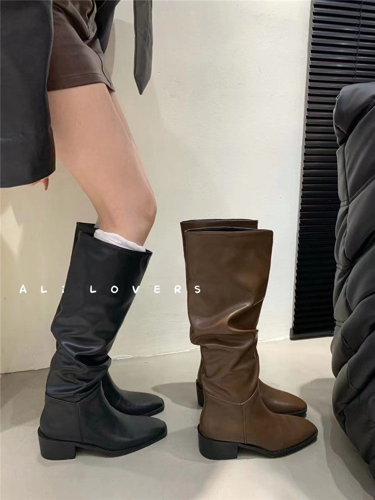 新款复古褶皱粗跟堆堆靴长靴