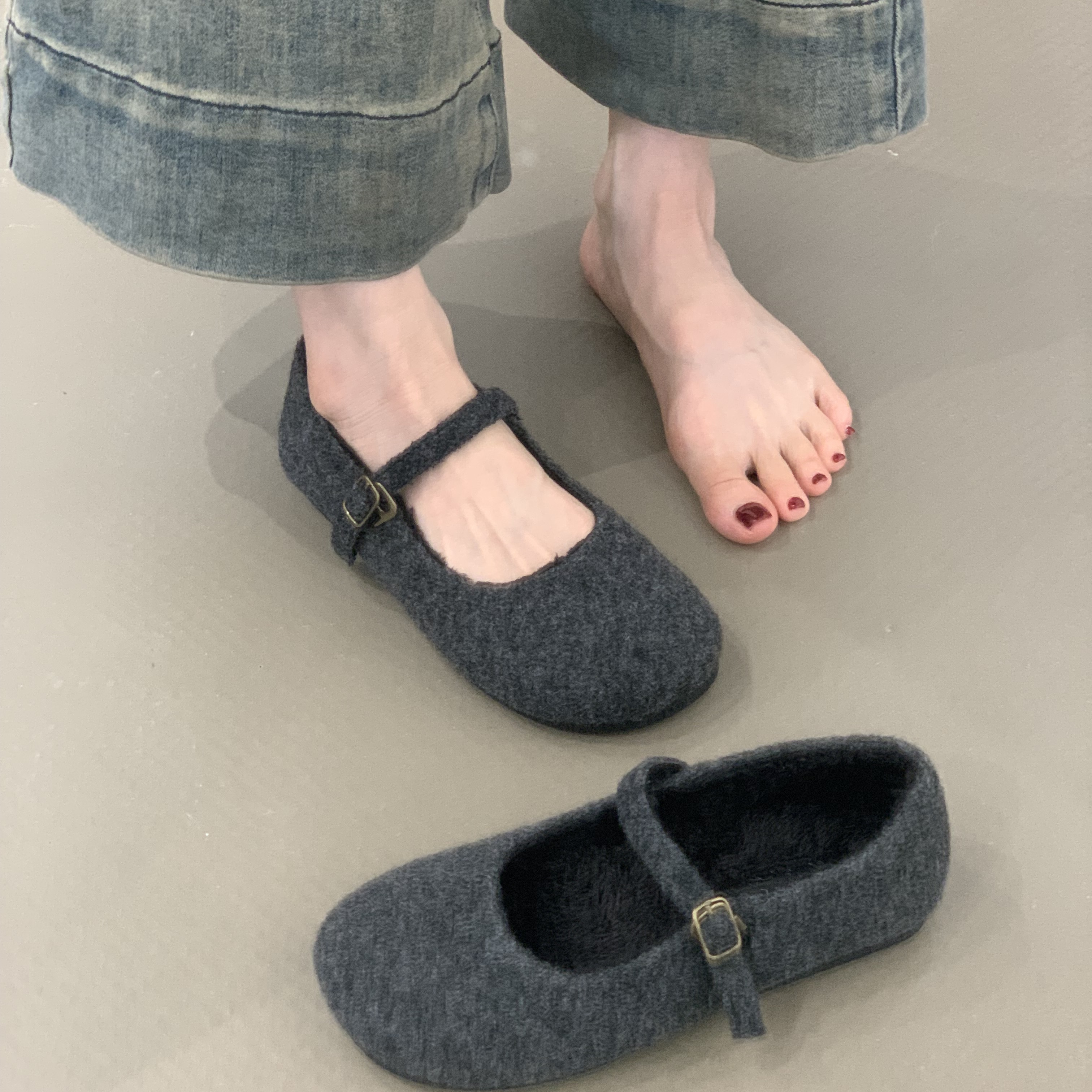 新款复古毛呢加绒保暖芭蕾单鞋