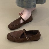 法式 T带扣一脚蹬黑色绒面方头单鞋 复古软底平底乐福鞋 女2025新款