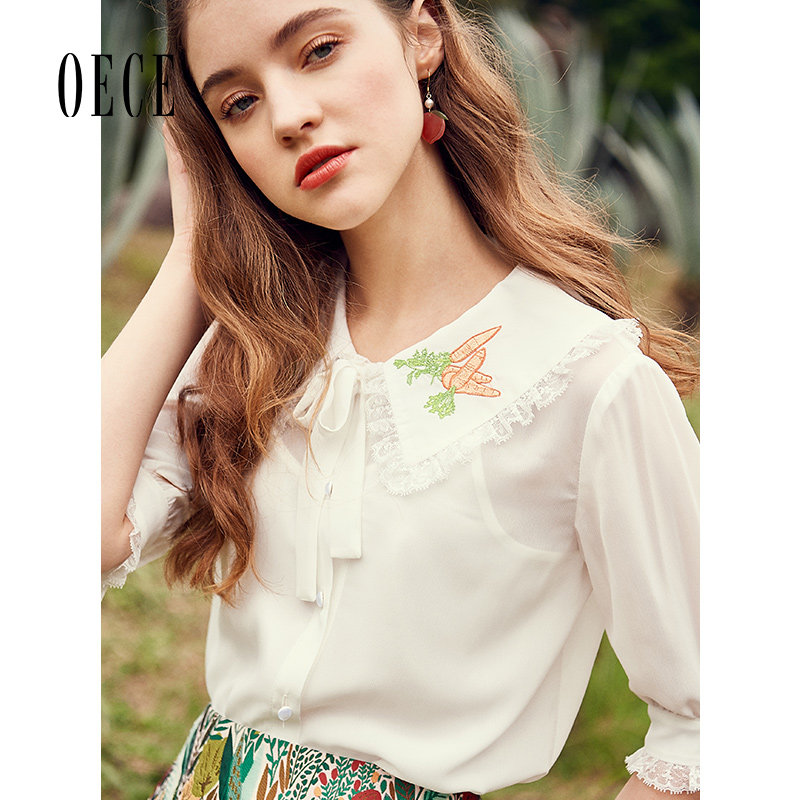 Oece夏装新款女装复古减龄刺绣蕾丝娃娃领女士上衣雪纺衫衬衫