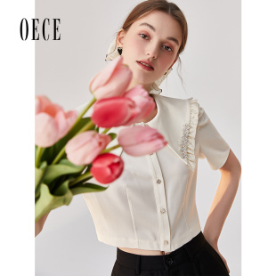 新款 娃娃领气质短袖 女装 设计感衬衫 上衣 复古法式 Oece夏季