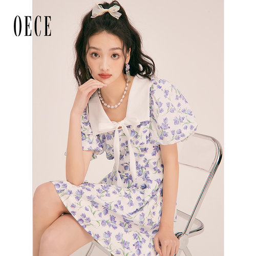 Oece气质碎花连衣裙设计感小众