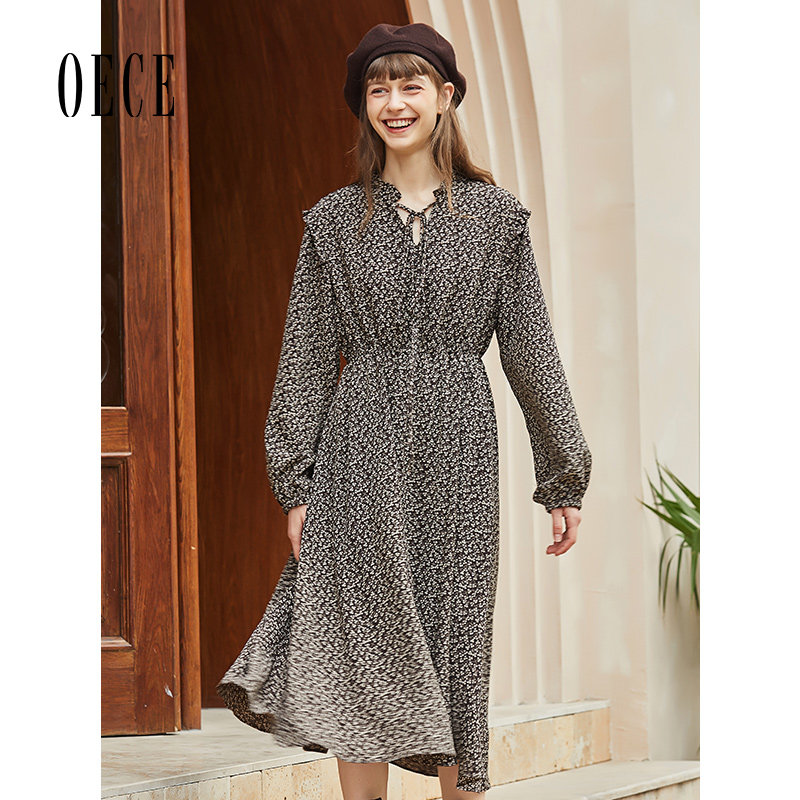 Oece冬装新款女装 法式碎花裙子秋复古系带领气质长袖连衣裙