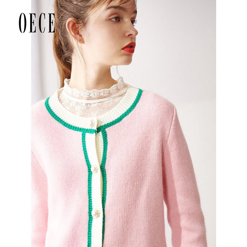 Oece春装新款女装 蜜桃心情马卡龙撞色文艺个性甜美开衫毛衣