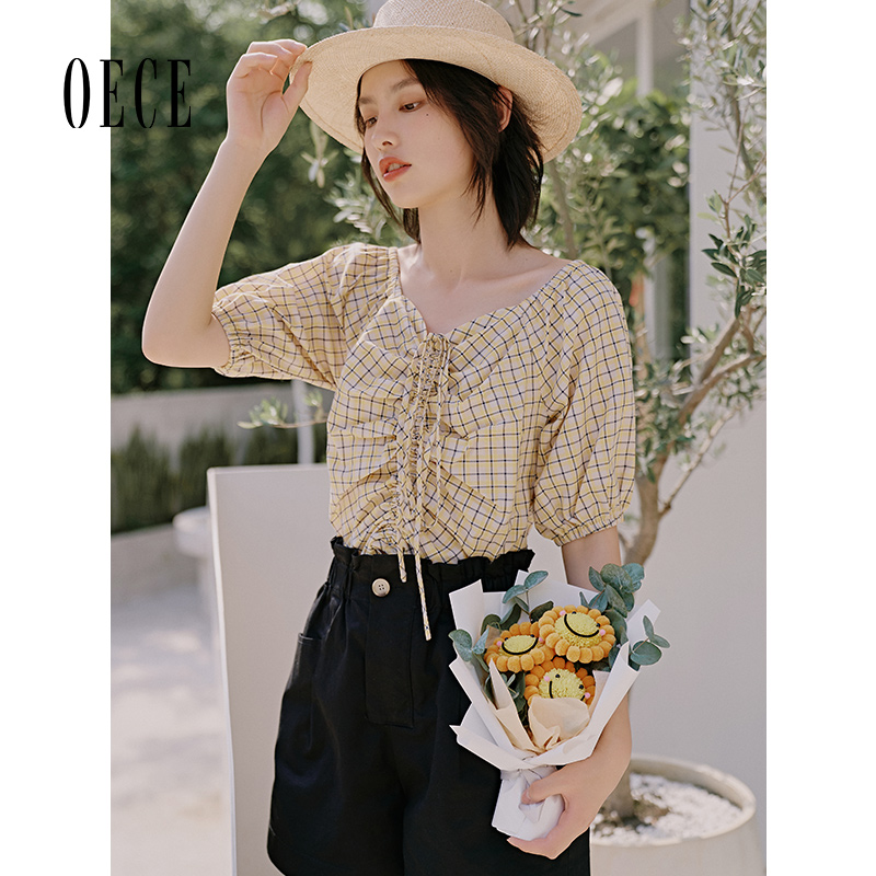 Oece夏装新款女装 文艺复古格纹方领灯笼袖上衣衬衫