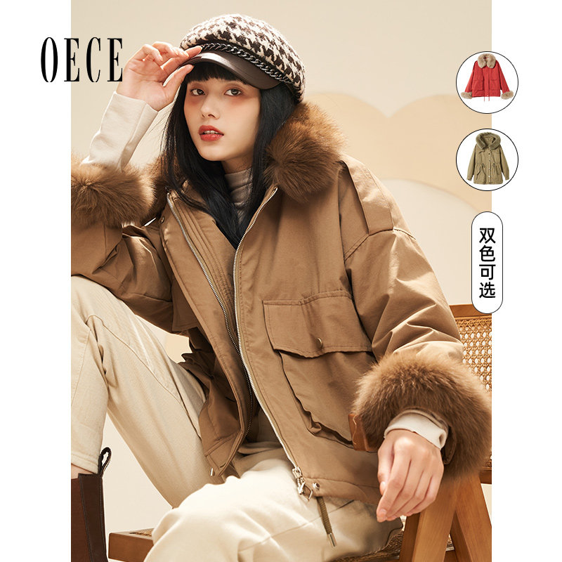 Oece气质派克服秋冬季新款复古毛领加厚小个子短款外套女大衣