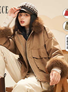 Oece气质派克服秋冬季新款复古毛领加厚小个子短款外套女大衣
