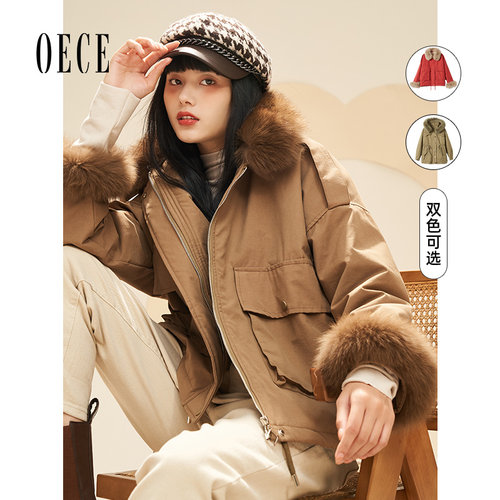 Oece气质派克服秋冬季新款复古毛领加厚小个子短款外套女大衣