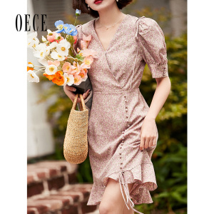 Oece法式小碎花连衣裙春夏新款女装气质高腰修身泡泡袖裙子