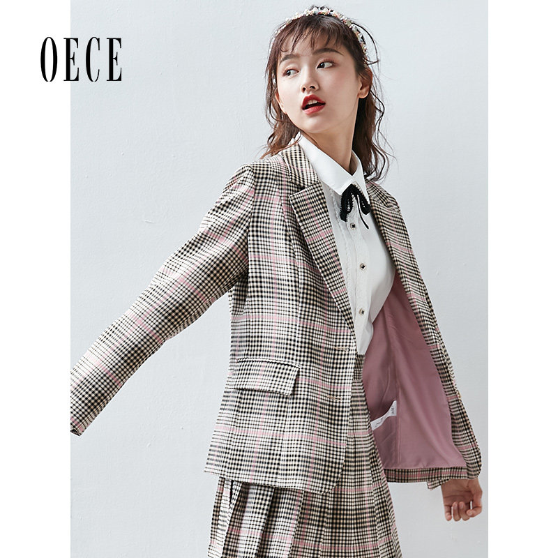 Oece春装校园桃气粉格纹复古英伦翻领减龄西装外套