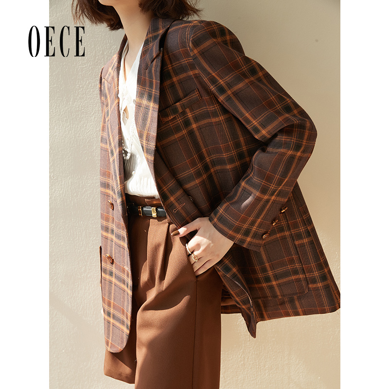Oece炸街小西装外套春新款女复古经典格纹女士西服