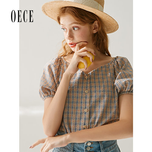 oece夏装新款女装清新复古格纹露锁骨V领显白泡泡袖短袖上衣