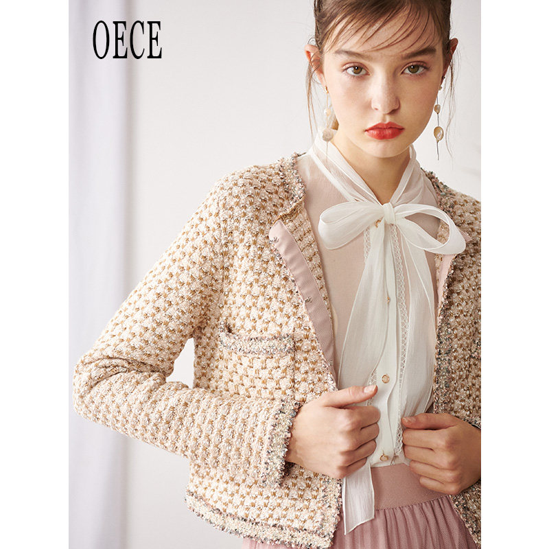 Oece春装新款女装高光小香风复古法式优雅流苏圆领针织衫外套