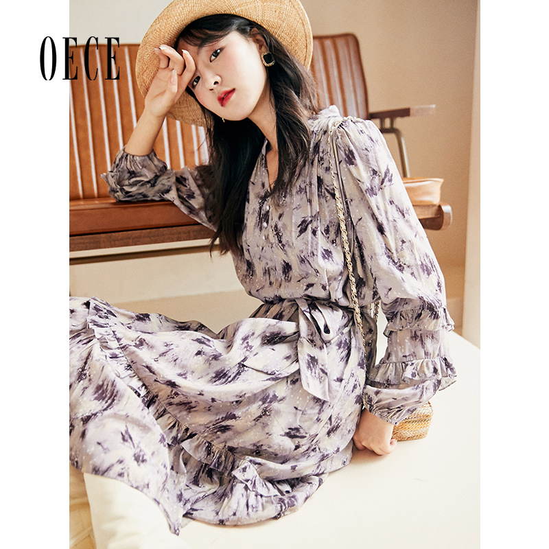 Oece法式碎花裙春装女复古收腰裙子长袖连衣裙