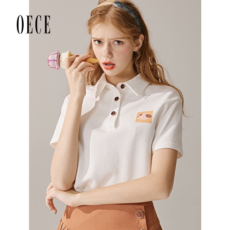 Oece夏装新款女装Cute学院小可爱文艺减龄印花翻领短袖T恤