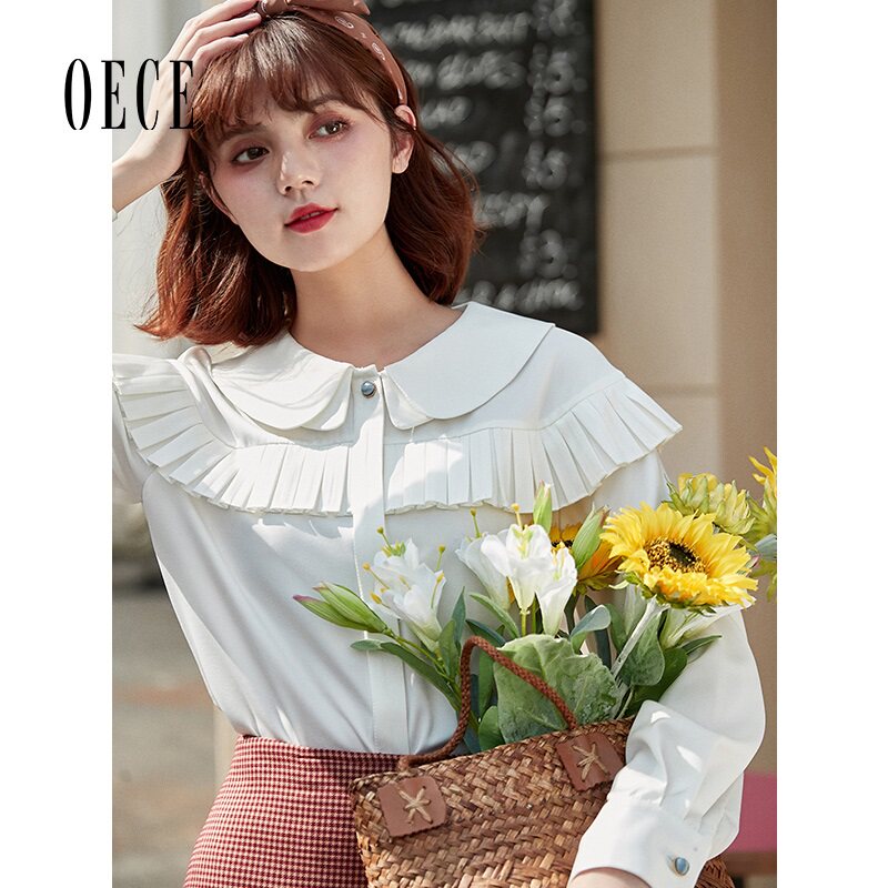 Oece设计感衬衫秋装新款女装法式复古风琴褶娃娃领长袖衬衣