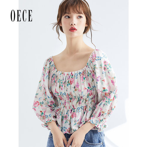 Oece夏装新款女装 温柔花系气法式方领泡泡袖碎花短袖上衣