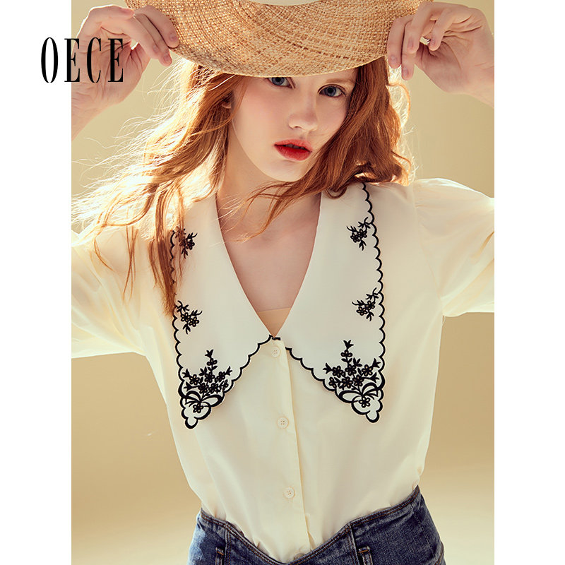 Oece夏装新款女装 法式个性复古绣花设计感泡泡袖衬衫上衣