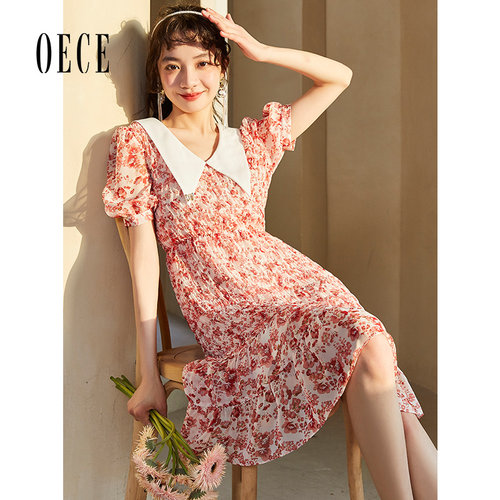 Oece粉色淑女连衣裙夏装新款女法式碎花裙子春夏