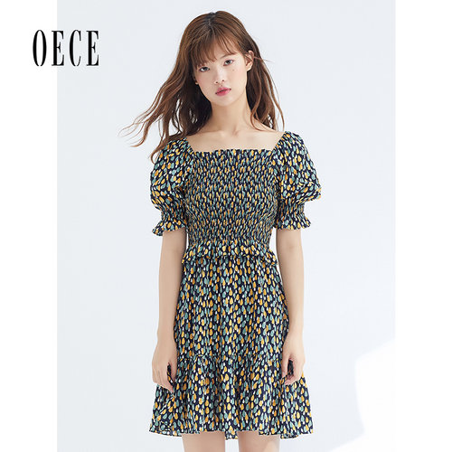 oece夏装新款女装甜甜又温柔法式小碎花复古泡泡袖连衣裙