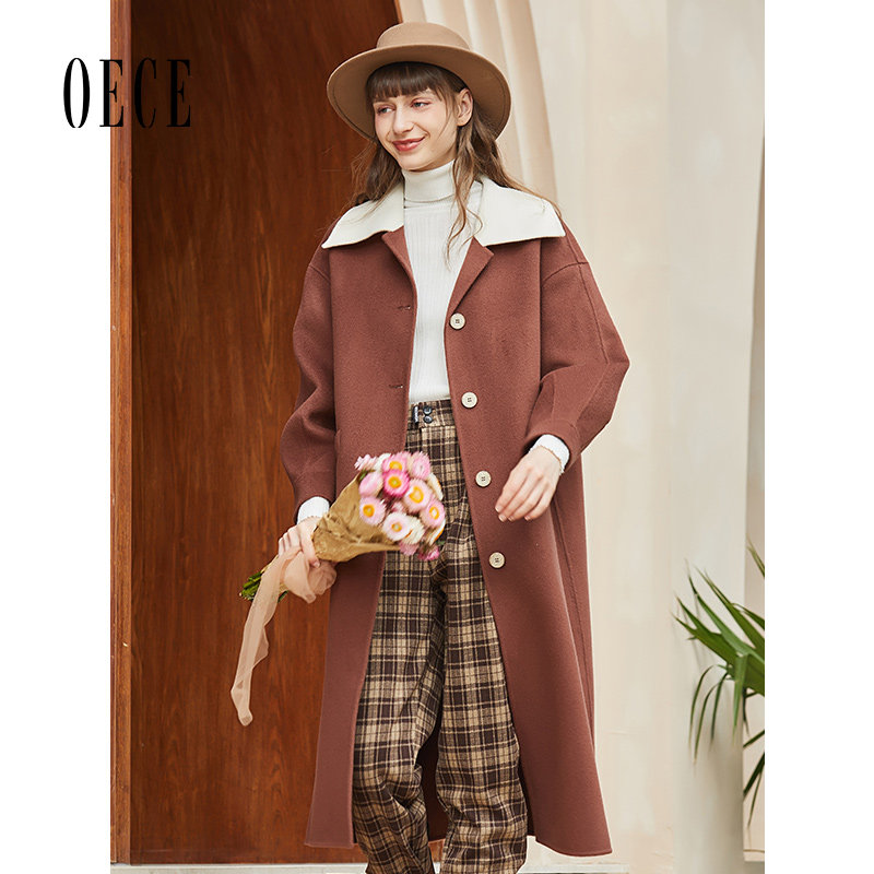 Oece冬装新款女装复古个性撞色毛呢外套中长款双面羊毛呢大衣