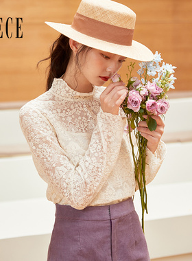 Oece秋装新款女装 蕾丝衫温柔优雅立领长袖衬衫气质上衣