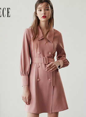 Oece春秋装新款女装 复古小女生减龄修身收腰长袖气质风衣连衣裙