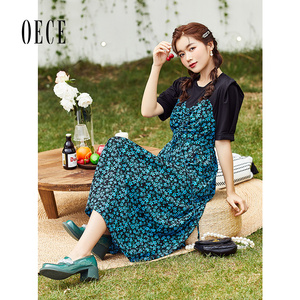 Oece法式碎花裙夏季新款女复古假两件裙子甜美连衣裙