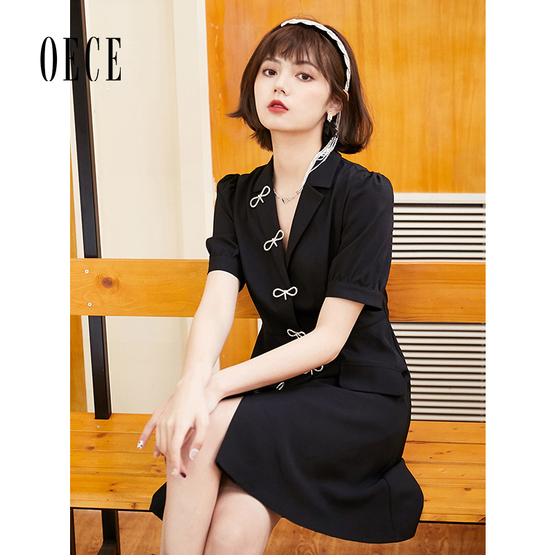Oece复古小黑裙夏季新款女法式茶歇裙裙子连衣裙
