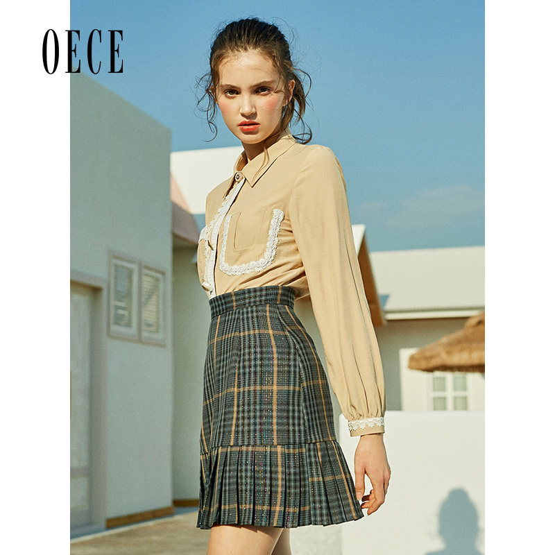 Oece春装新款女装 英伦学院复古格纹高腰百褶短裙半身裙短裙