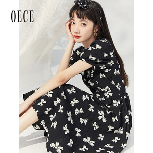 Oece韩系碎花裙春夏新款女装法式连衣裙薄款收腰短袖裙子春
