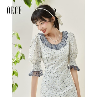 设计感蕾丝花边裙子中长款 新款 连衣裙 Oece复古碎花裙2022夏季 女装
