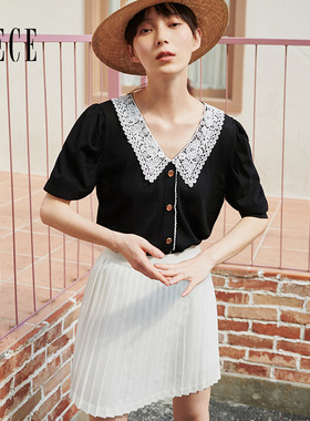 Oece夏装新款女装 气质半身裙短裙白色A字裙甜美显瘦百褶裙