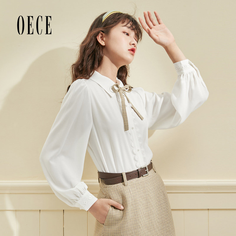 Oece春装女装 学院风减龄百搭复古系带白色长袖衬衫上衣