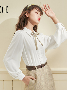 Oece春装女装 学院风减龄百搭复古系带白色长袖衬衫上衣