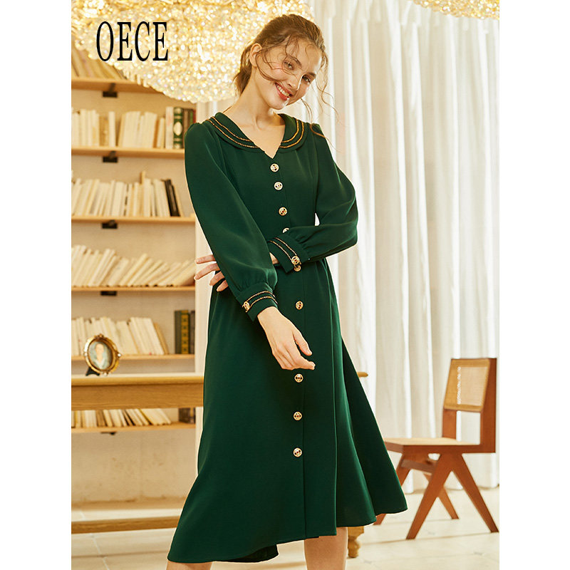 Oece春秋装新款女装复古爱丁堡法式轻奢优雅收腰气质长袖连衣裙
