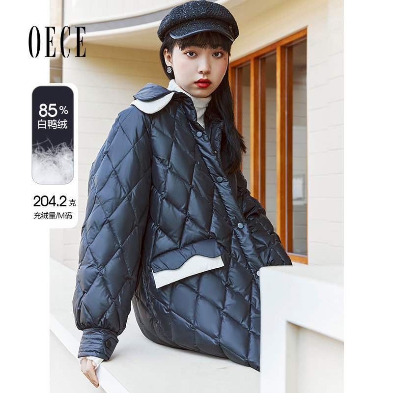 Oece中长款羽绒服冬装新款女复古学院风修身外套