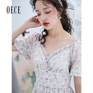 Oece复古碎花连衣裙夏季新款女装法式温柔甜美春气质短袖裙子