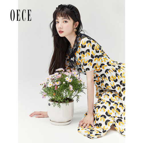 Oece复古碎花裙子夏装新款女装少女风减龄文艺气质短袖连衣裙